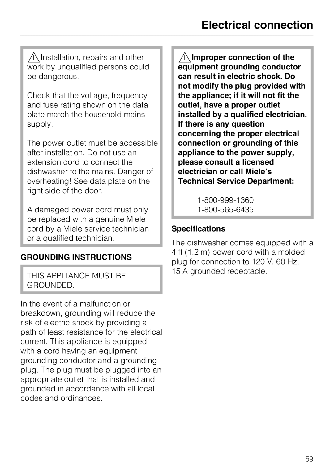 Miele G 5105, G 5100 manual Electrical connection, Grounding Instructions 