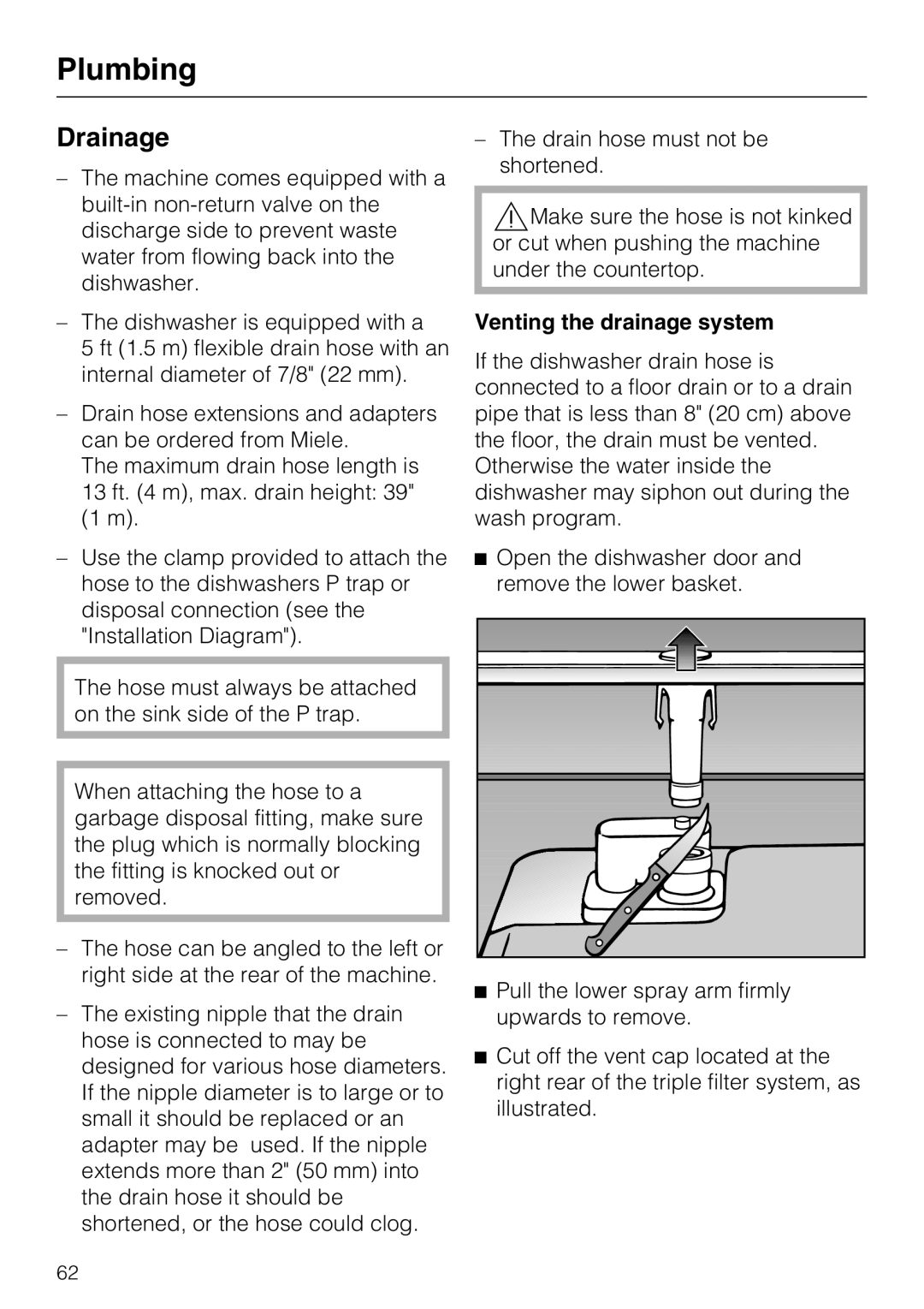 Miele G 5100, G 5105 manual Drainage, Venting the drainage system 