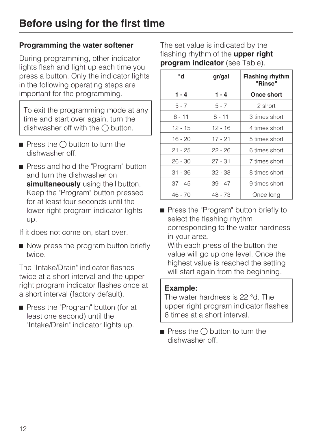 Miele G 5175, G 5170 manual Programming the water softener, Example 