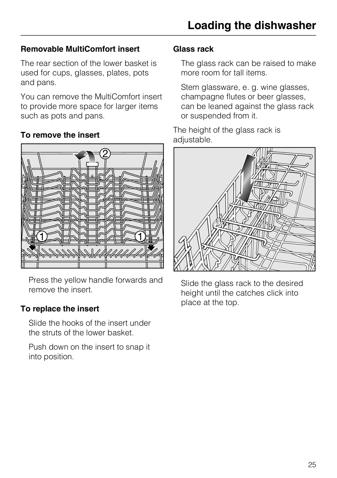 Miele G 5170, G 5175 manual Removable MultiComfort insert, To remove the insert, To replace the insert, Glass rack 