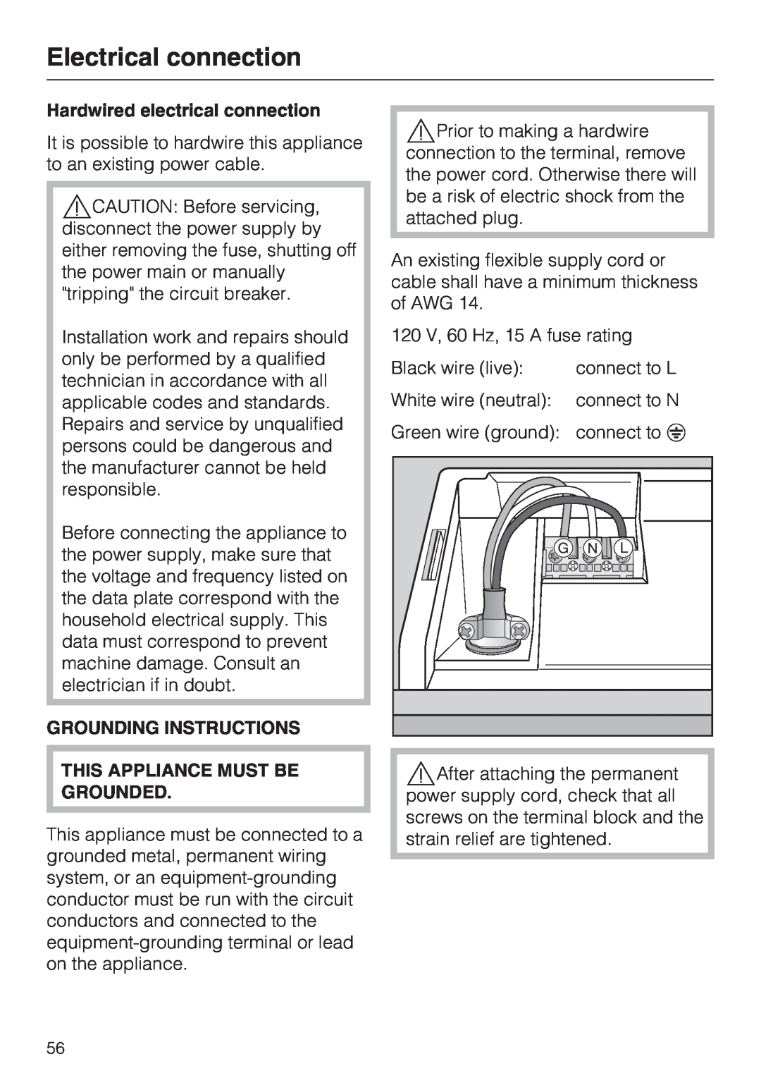 Miele G 5175, G 5170 manual Electrical connection, Hardwired electrical connection, Grounding Instructions 