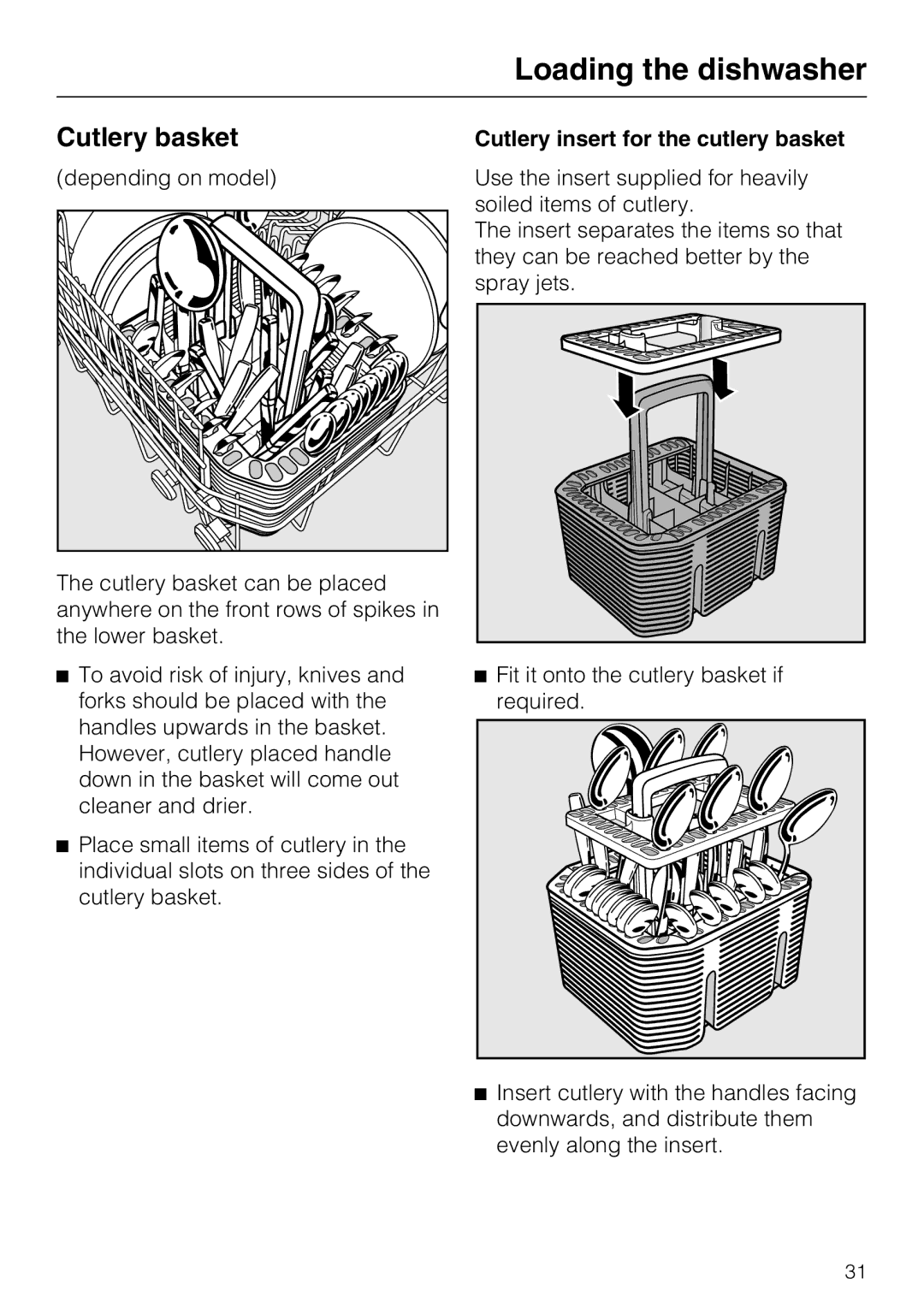 Miele G 5220, G 5225 operating instructions Cutlery basket, Cutlery insert for the cutlery basket 