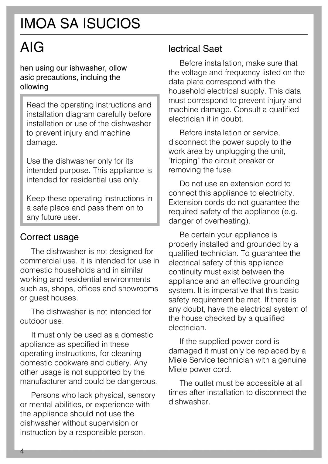 Miele G 5225, G 5220 operating instructions Electrical Safety, Correct usage 