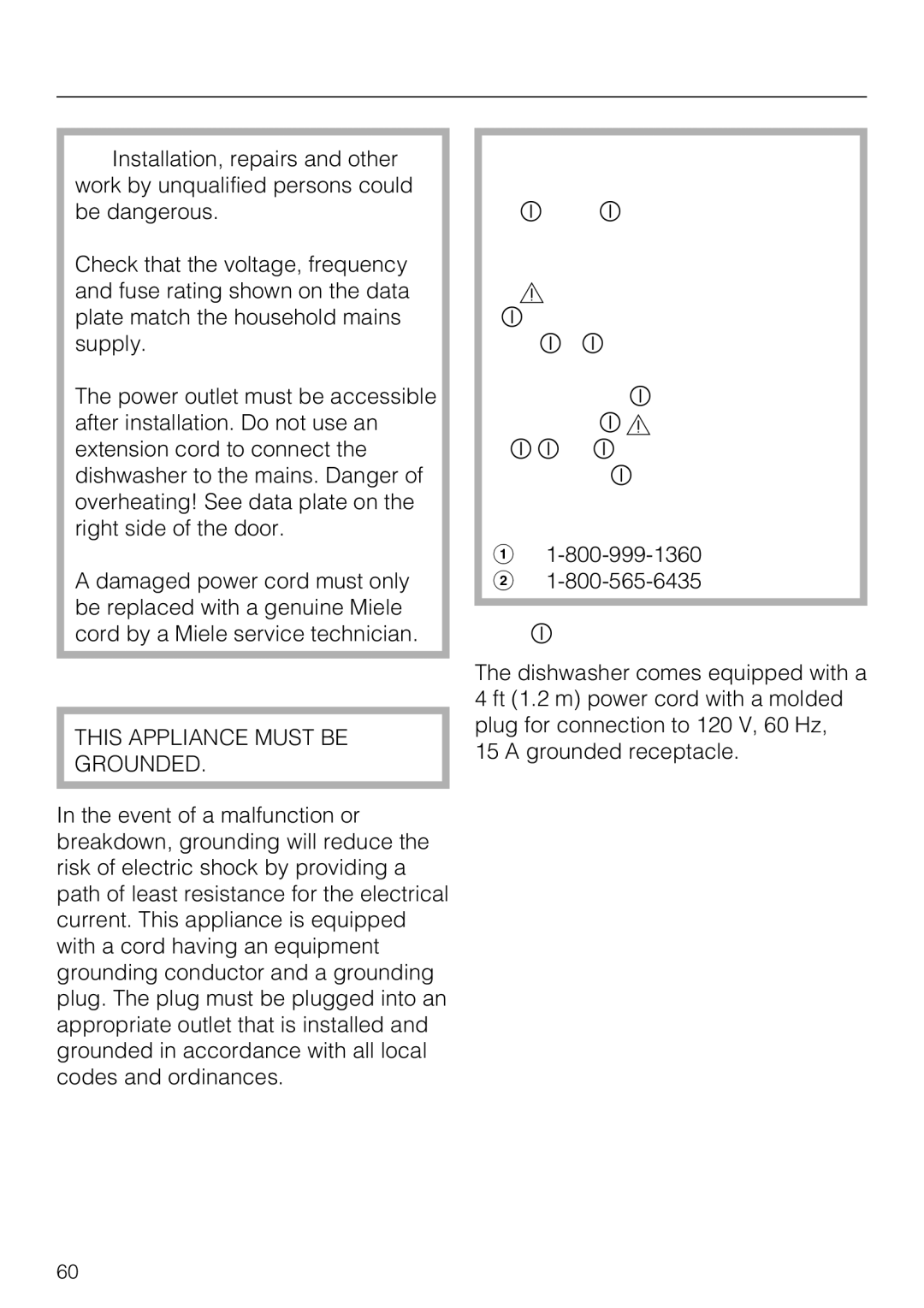 Miele G 5225, G 5220 operating instructions Electrical connection, Grounding Instructions 