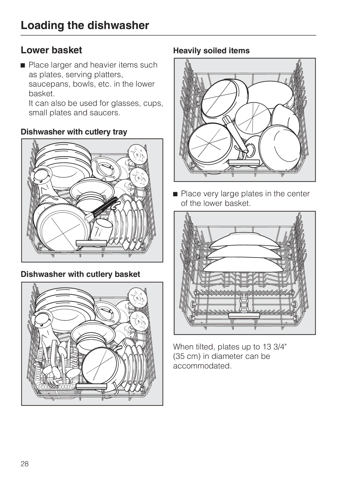 Miele G 5225, G 5220 manual Lower basket, Heavily soiled items, Dishwasher with cutlery tray Dishwasher with cutlery basket 