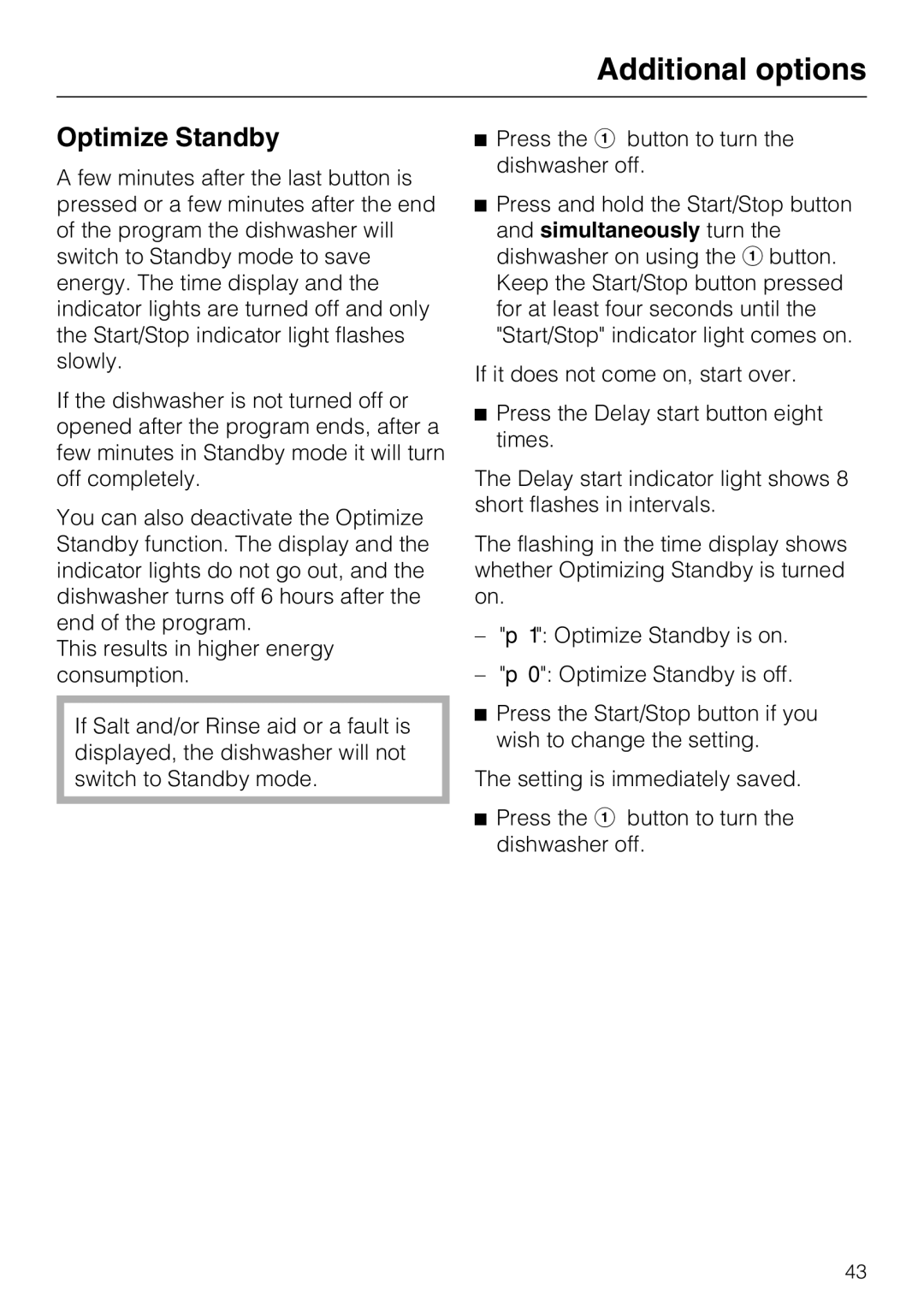 Miele G 5220, G 5225 manual Optimize Standby 