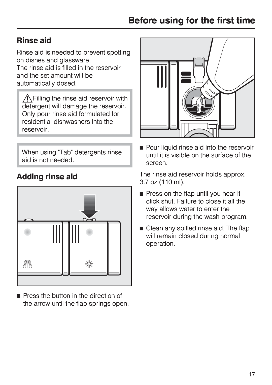 Miele G 5220, G 5225 operating instructions Rinse aid, Adding rinse aid, Before using for the first time 