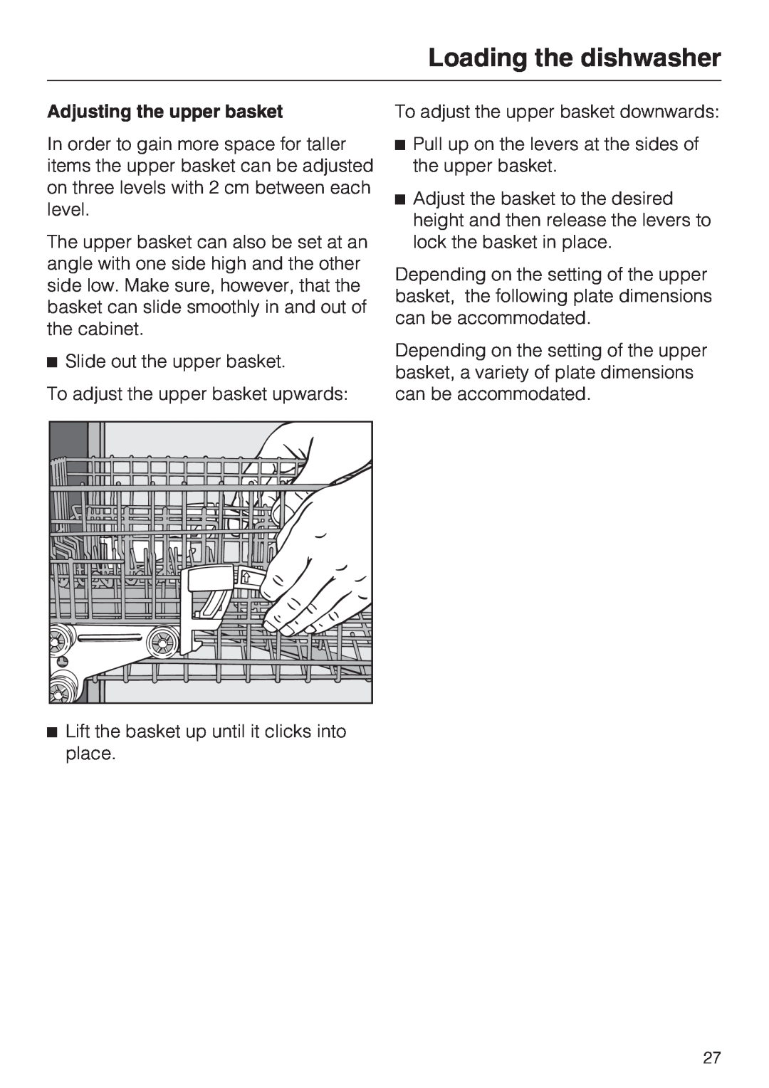 Miele G 5220, G 5225 operating instructions Loading the dishwasher, Adjusting the upper basket 