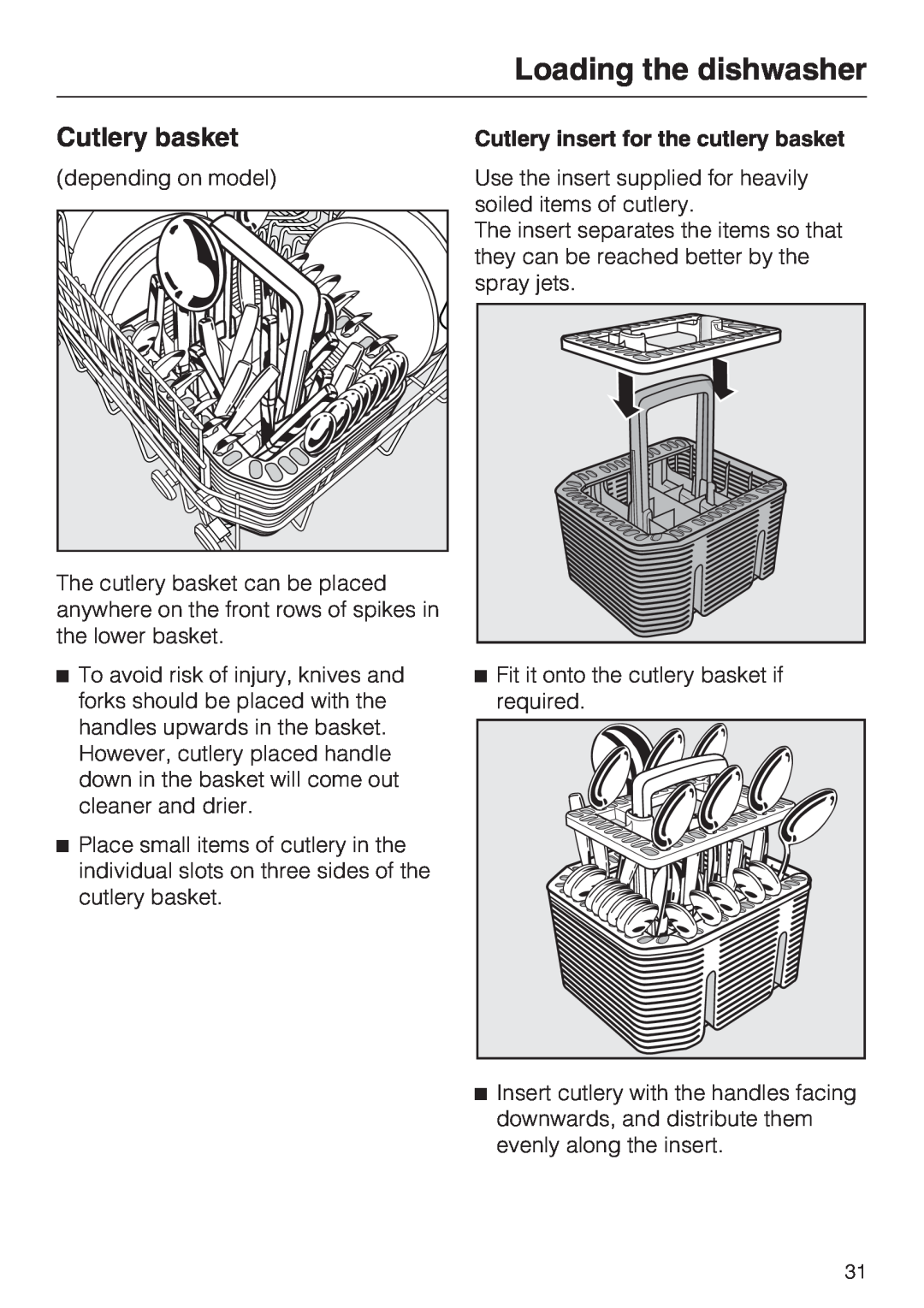 Miele G 5220, G 5225 operating instructions Cutlery basket, Loading the dishwasher, Cutlery insert for the cutlery basket 