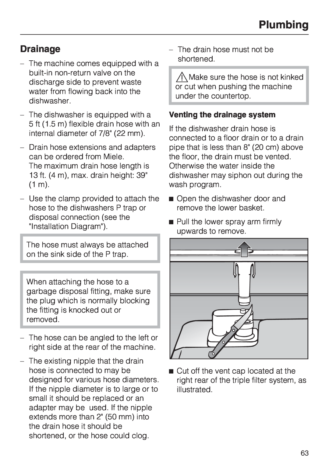 Miele G 5220, G 5225 operating instructions Drainage, Plumbing, Venting the drainage system 