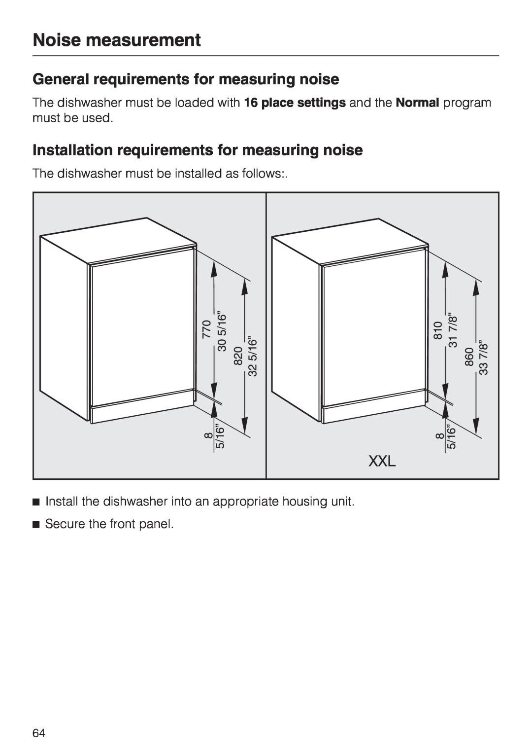 Miele G 5225 Noise measurement, General requirements for measuring noise, Installation requirements for measuring noise 