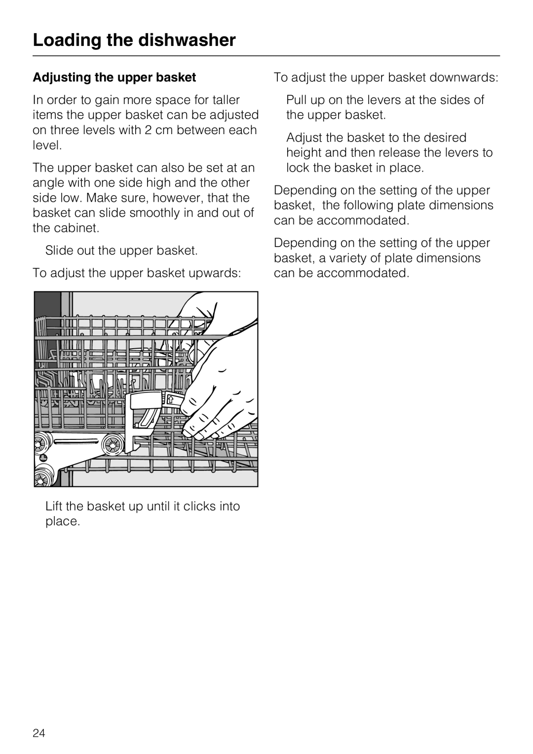 Miele G 5285, G 5280 manual Adjusting the upper basket 