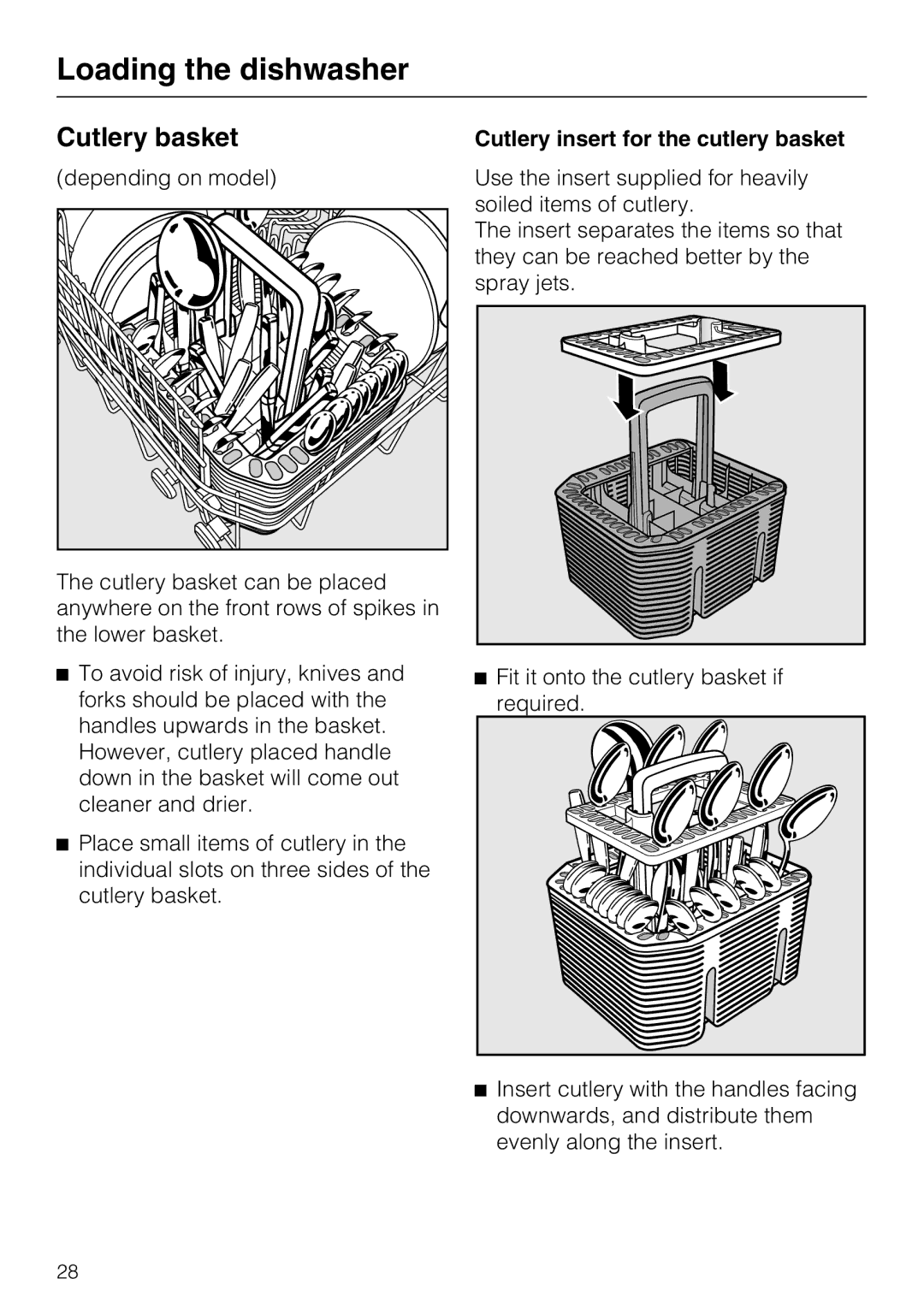 Miele G 5285, G 5280 manual Cutlery basket, Cutlery insert for the cutlery basket 