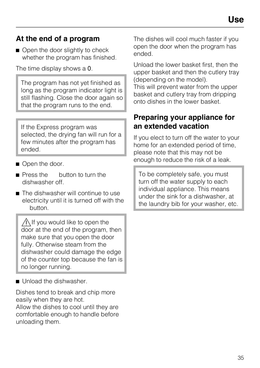 Miele G 5280, G 5285 manual At the end of a program, Preparing your appliance for an extended vacation 