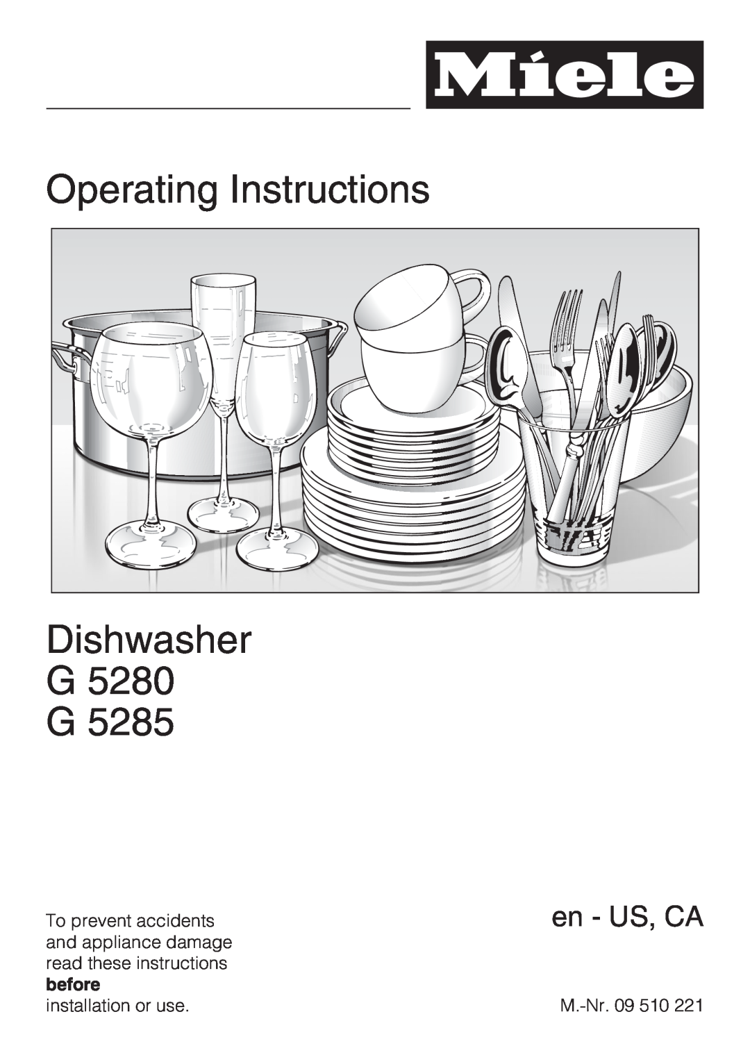 Miele G 5280, G 5285 manual Operating Instructions Dishwasher G5280 G, en - US, CA 