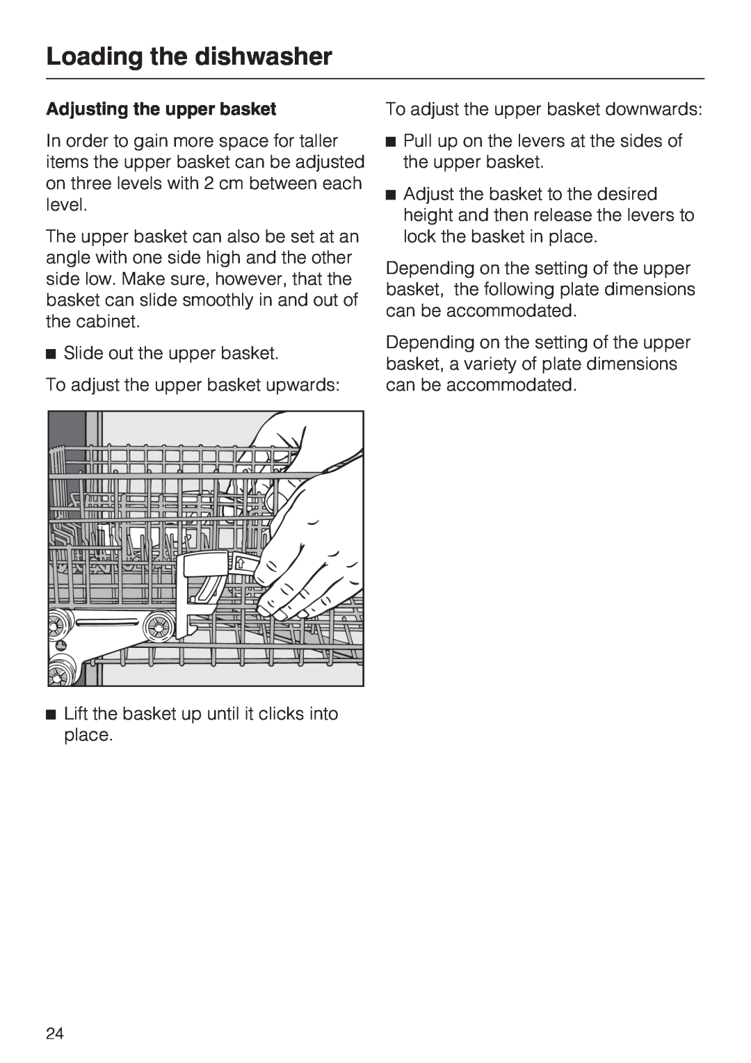 Miele G 5285, G 5280 manual Loading the dishwasher, Adjusting the upper basket 