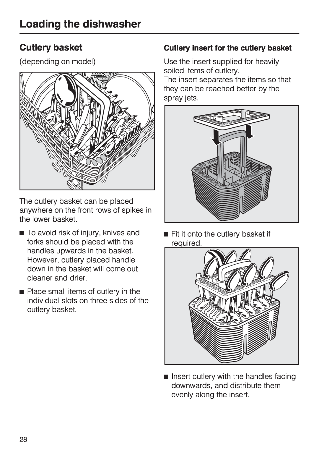 Miele G 5285, G 5280 manual Cutlery basket, Loading the dishwasher, Cutlery insert for the cutlery basket 