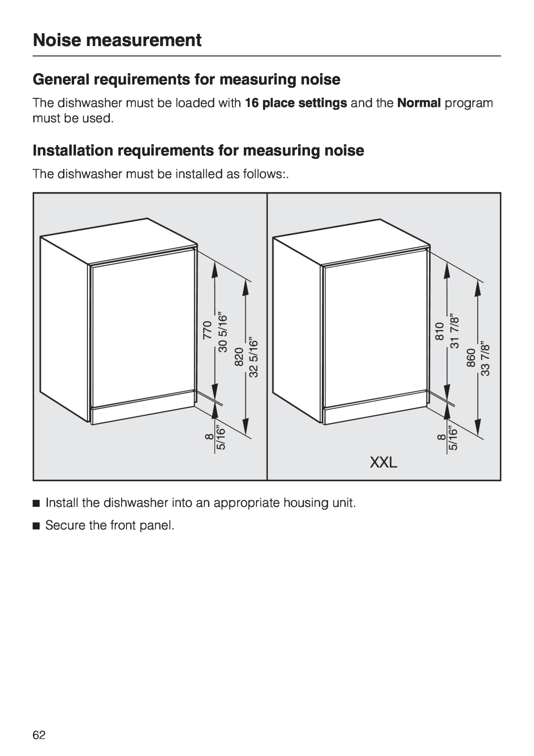 Miele G 5285 Noise measurement, General requirements for measuring noise, Installation requirements for measuring noise 