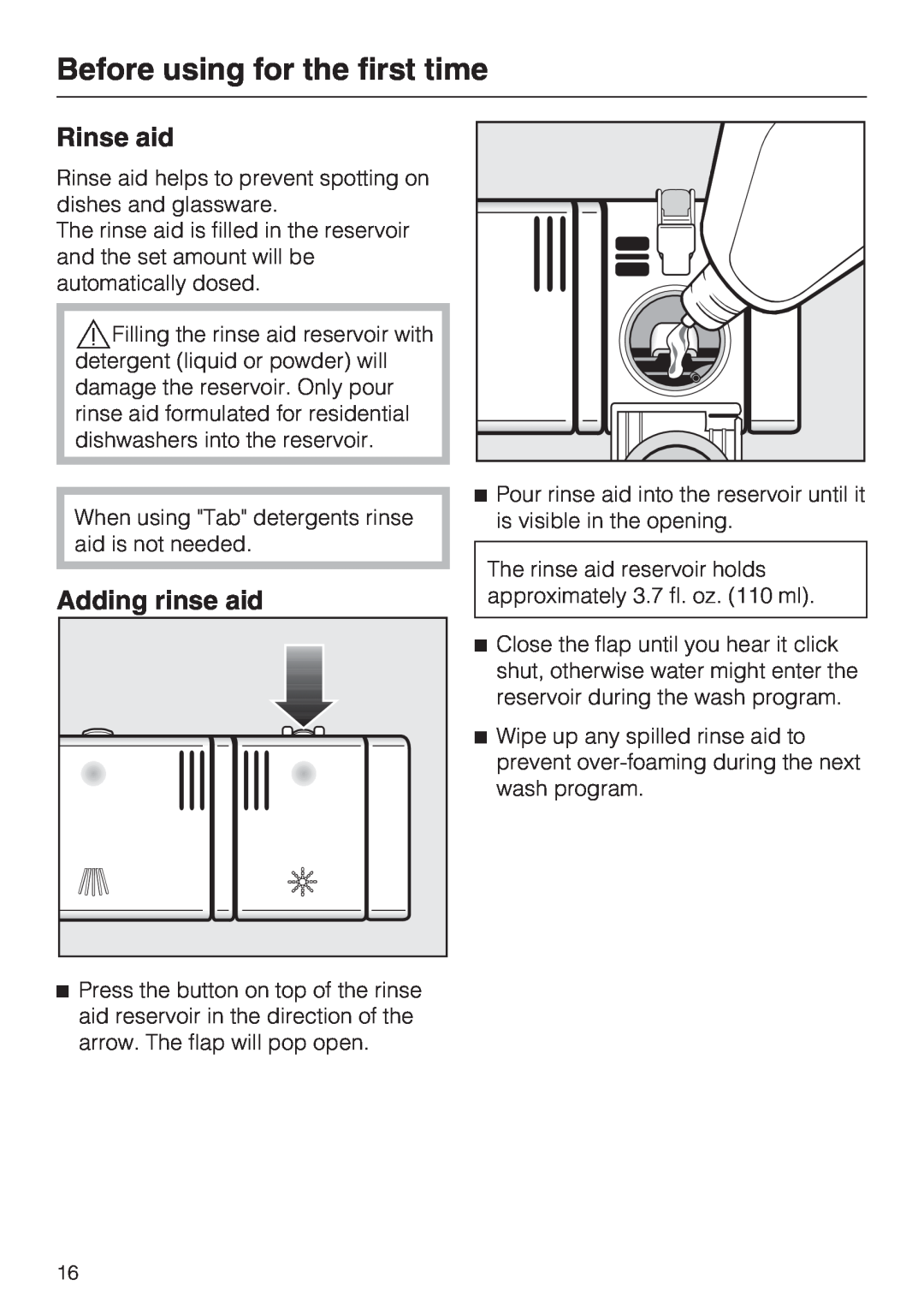 Miele G 5285, G 5280 manual Rinse aid, Adding rinse aid, Before using for the first time 