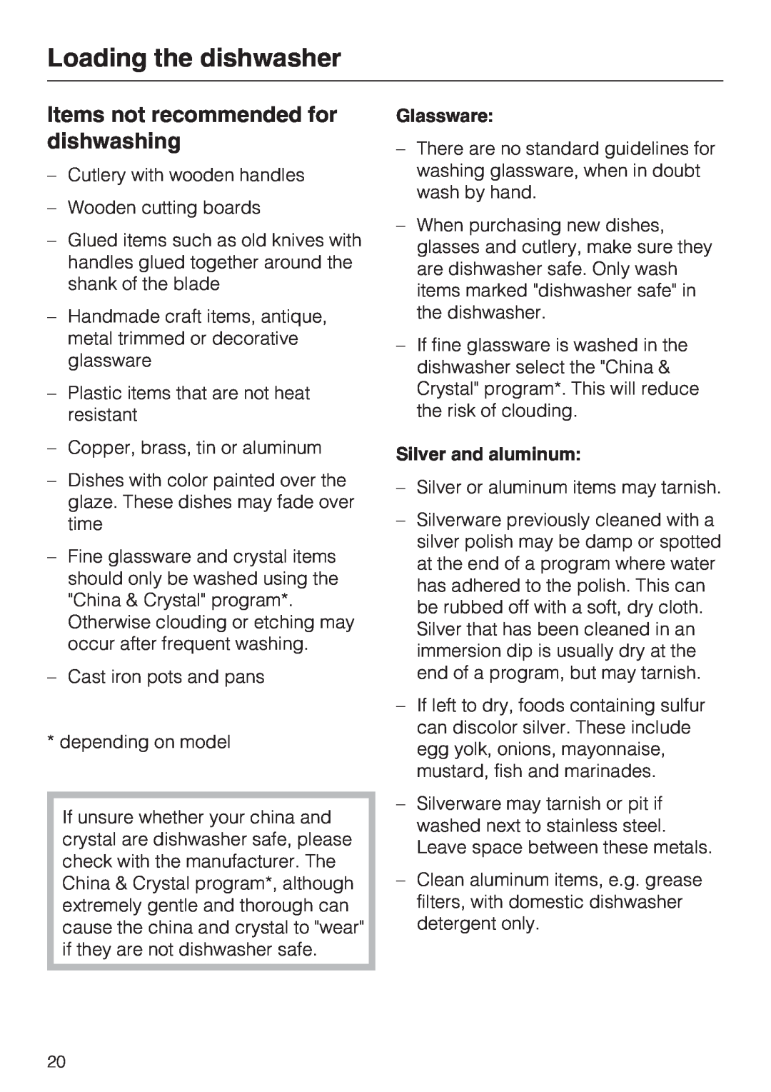 Miele G 5285, G 5280 manual Items not recommended for dishwashing, Loading the dishwasher, Glassware, Silver and aluminum 