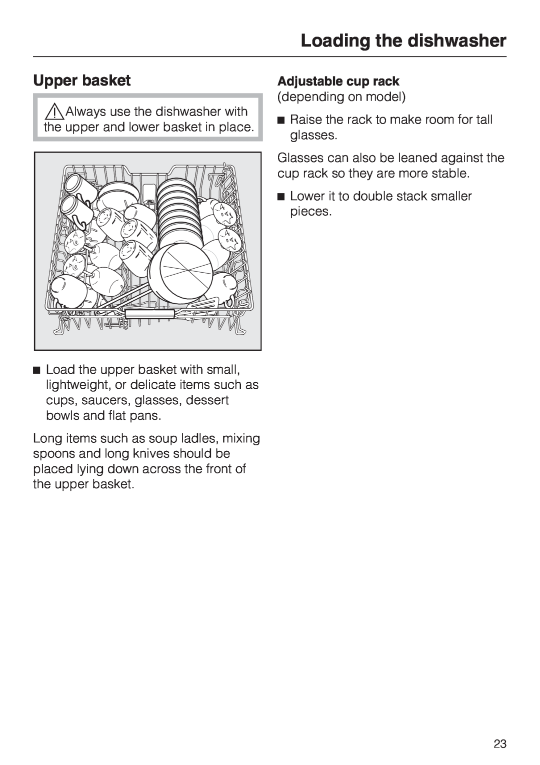 Miele G 5280, G 5285 manual Upper basket, Loading the dishwasher, Adjustable cup rack 