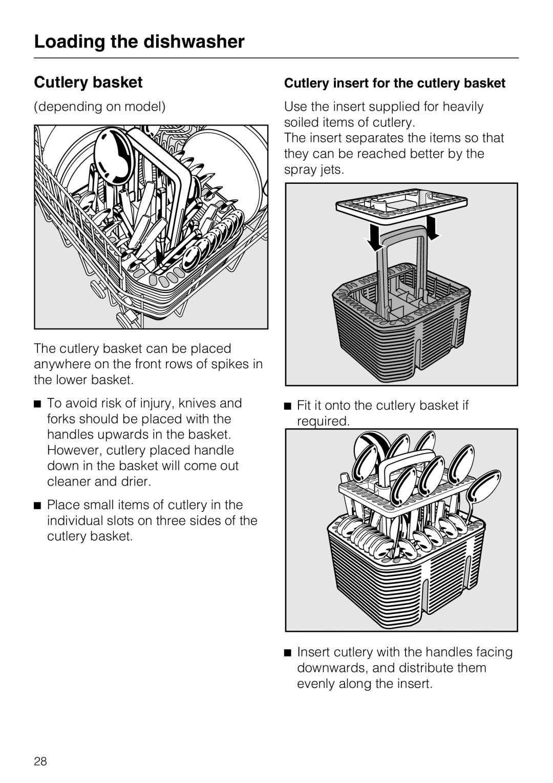 Miele G 5285, G 5280 manual Cutlery basket, Loading the dishwasher, Cutlery insert for the cutlery basket 