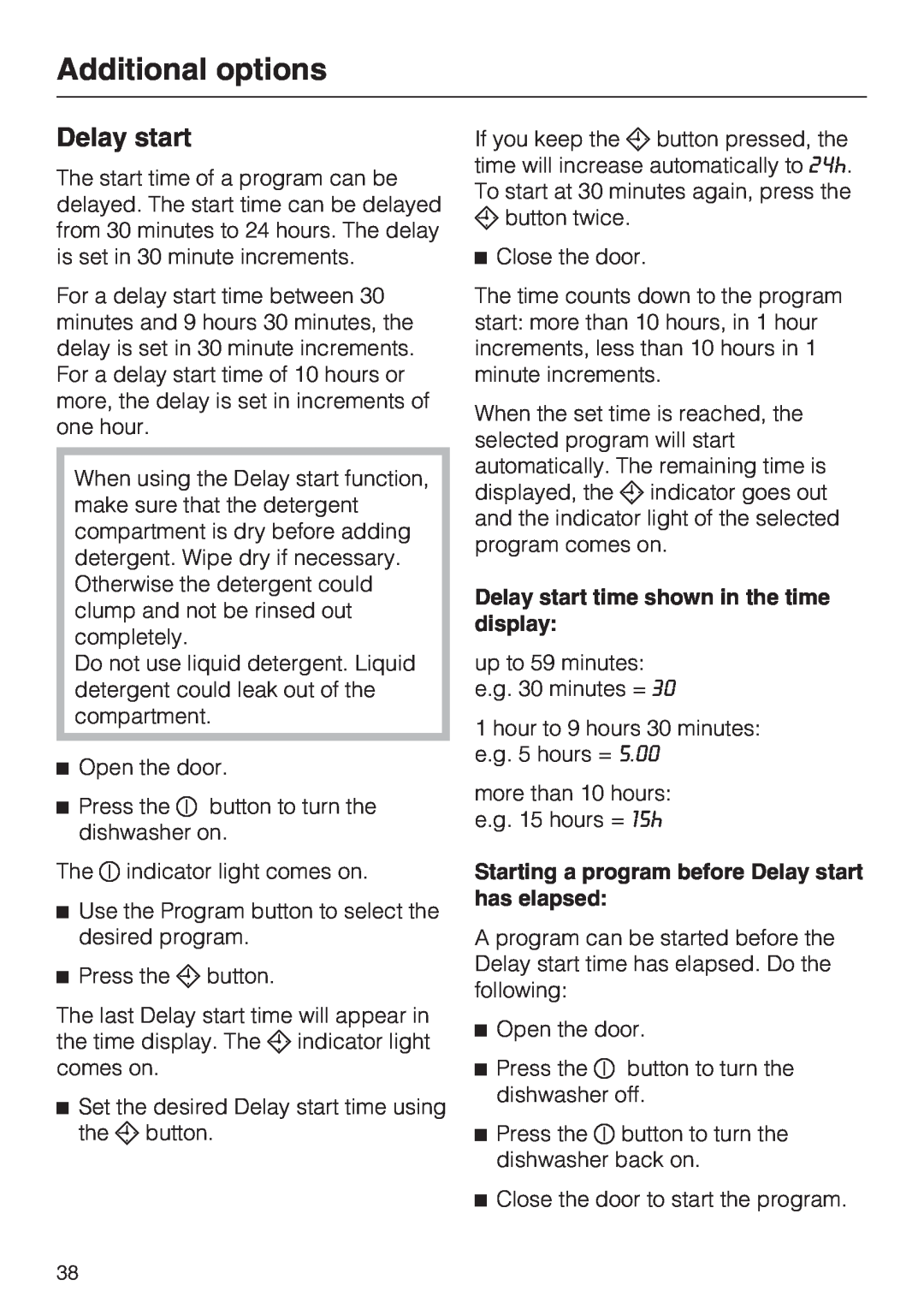 Miele G 5285, G 5280 manual Additional options, Delay start time shown in the time display 