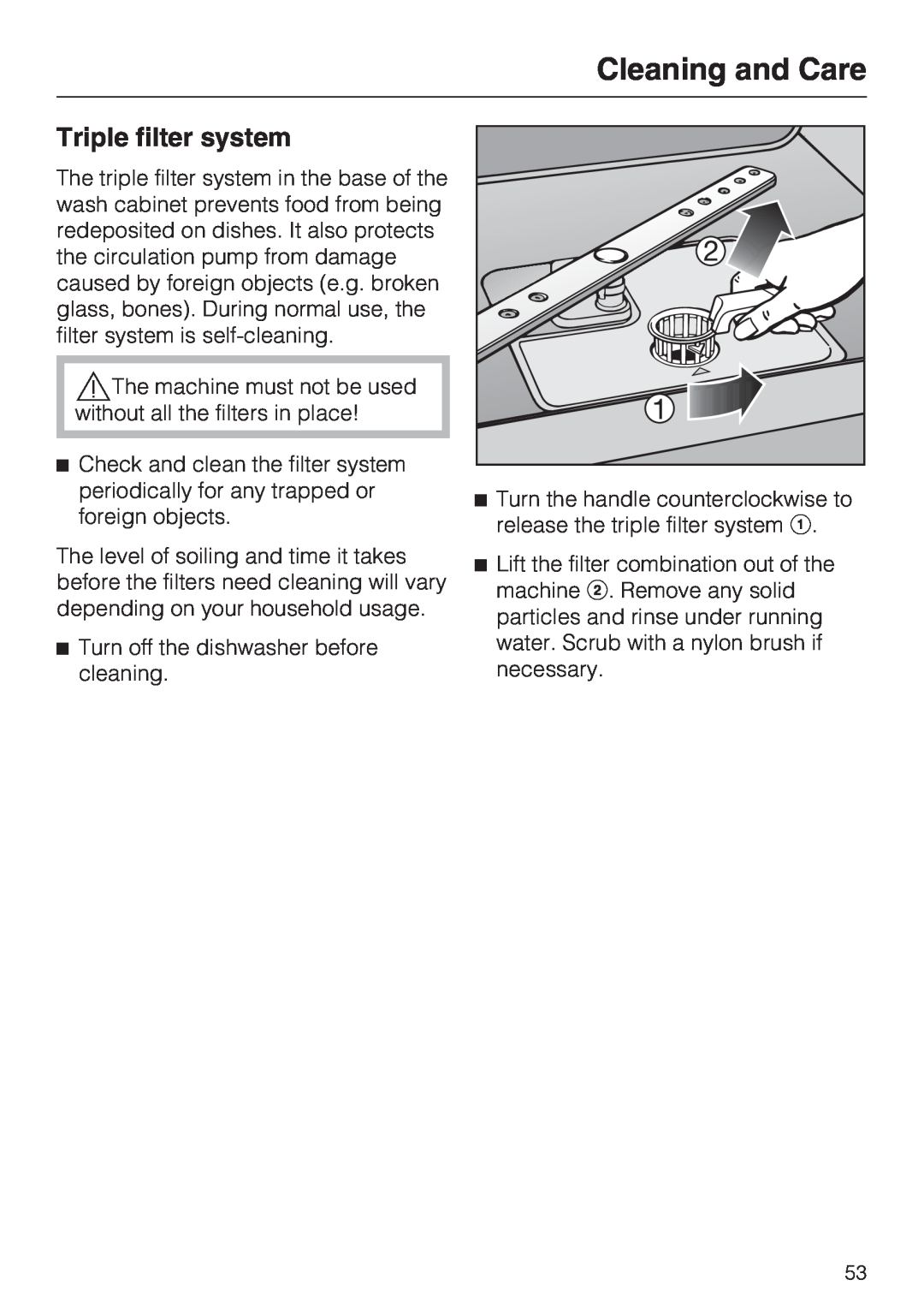 Miele G 5280, G 5285 manual Triple filter system, Cleaning and Care 