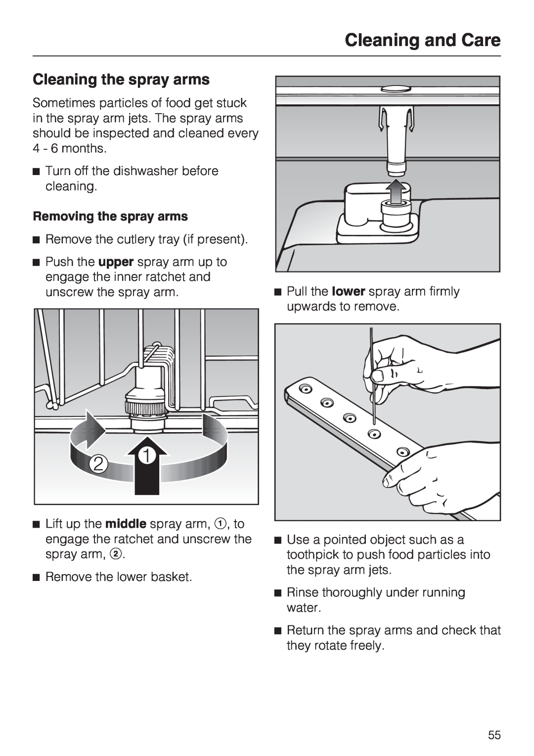 Miele G 5280, G 5285 manual Cleaning the spray arms, Cleaning and Care, Removing the spray arms 