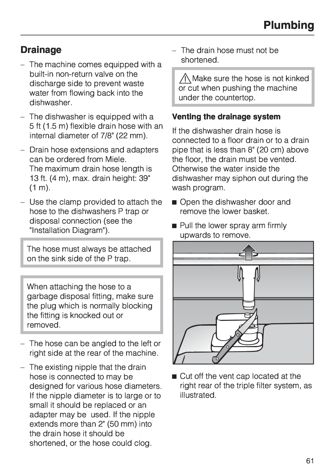 Miele G 5280, G 5285 manual Drainage, Plumbing, Venting the drainage system 