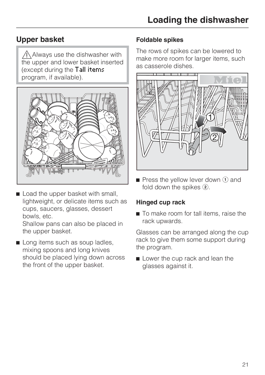 Miele G 5505, G 5510, G 5500, G 5515 manual Upper basket, Foldable spikes, Hinged cup rack 