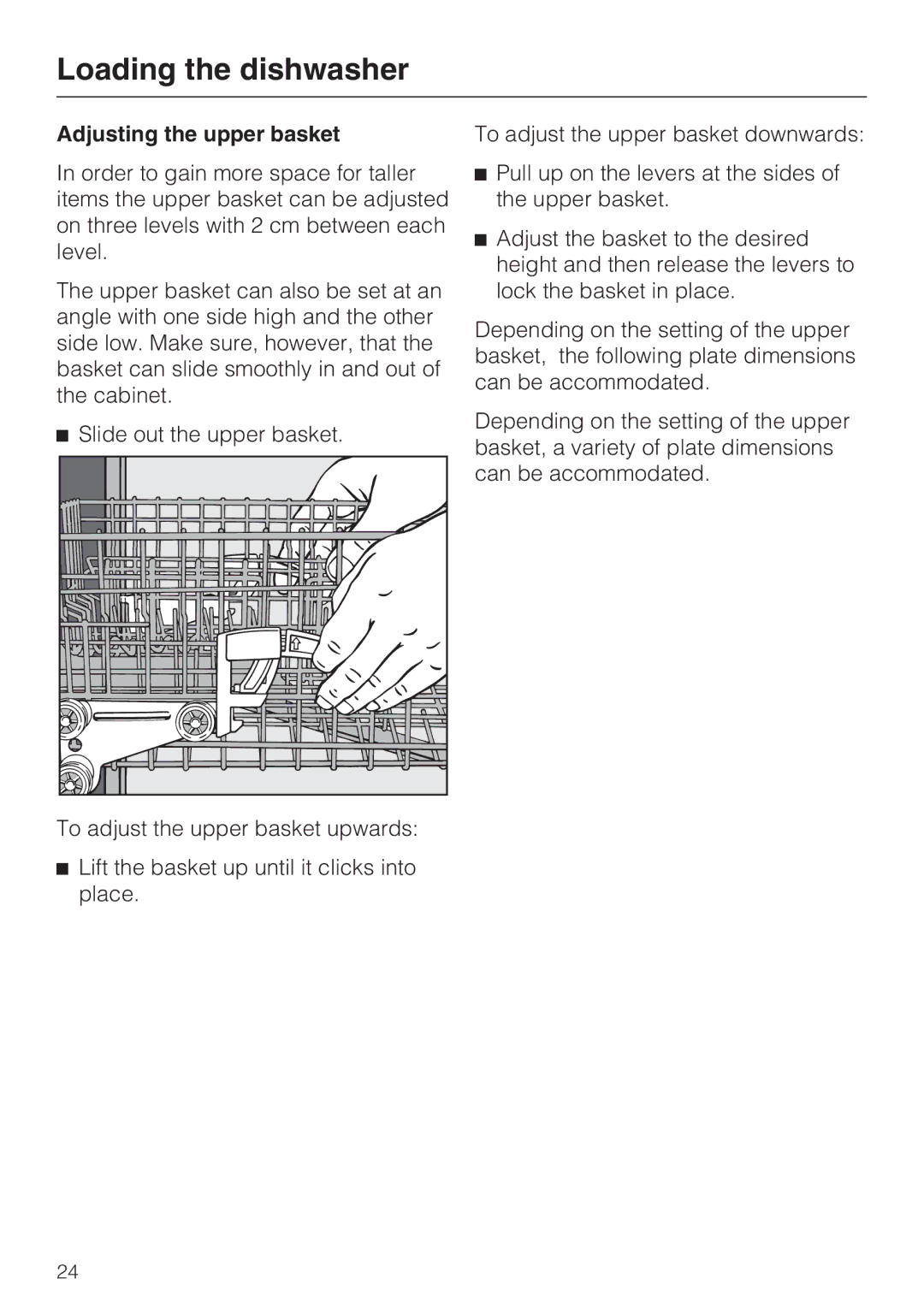 Miele G 5510, G 5505, G 5500, G 5515 manual Adjusting the upper basket 