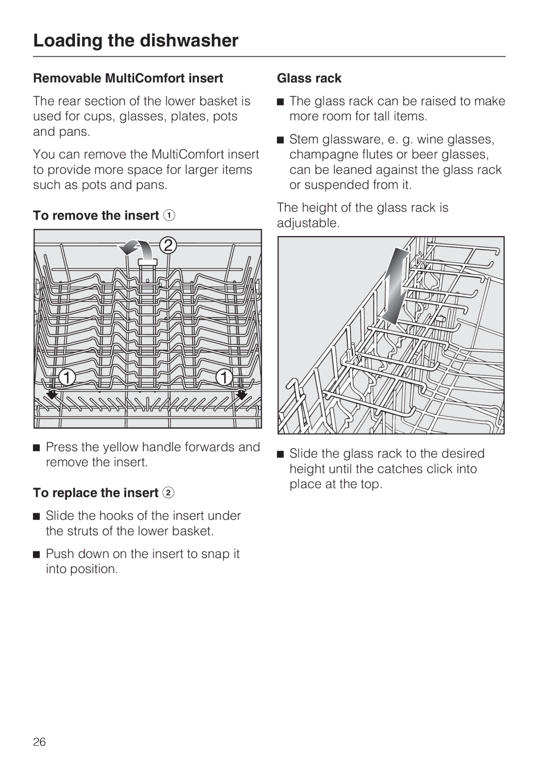Miele G 5500, G 5510, G 5505, G 5515 Removable MultiComfort insert, To remove the insert, To replace the insert, Glass rack 