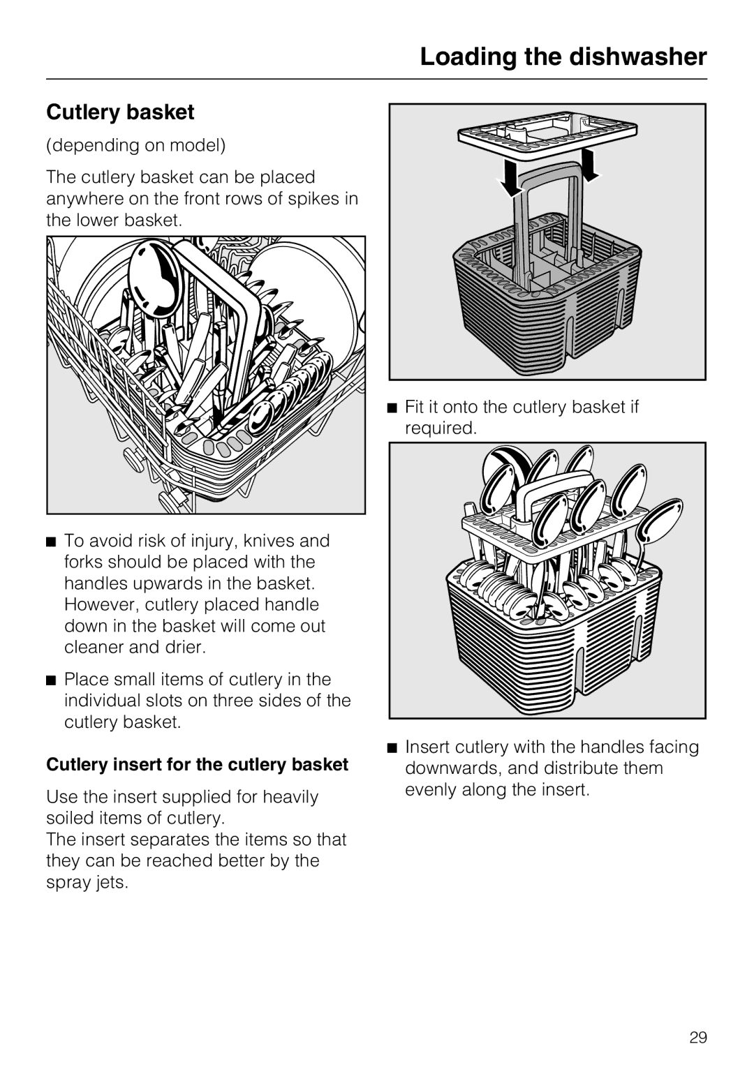 Miele G 5505, G 5510, G 5500, G 5515 manual Cutlery basket, Cutlery insert for the cutlery basket 