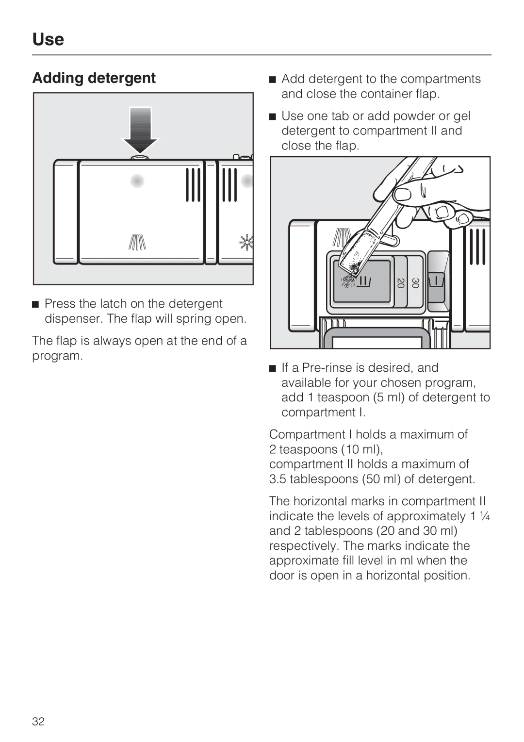 Miele G 5510, G 5505, G 5500, G 5515 manual Adding detergent 