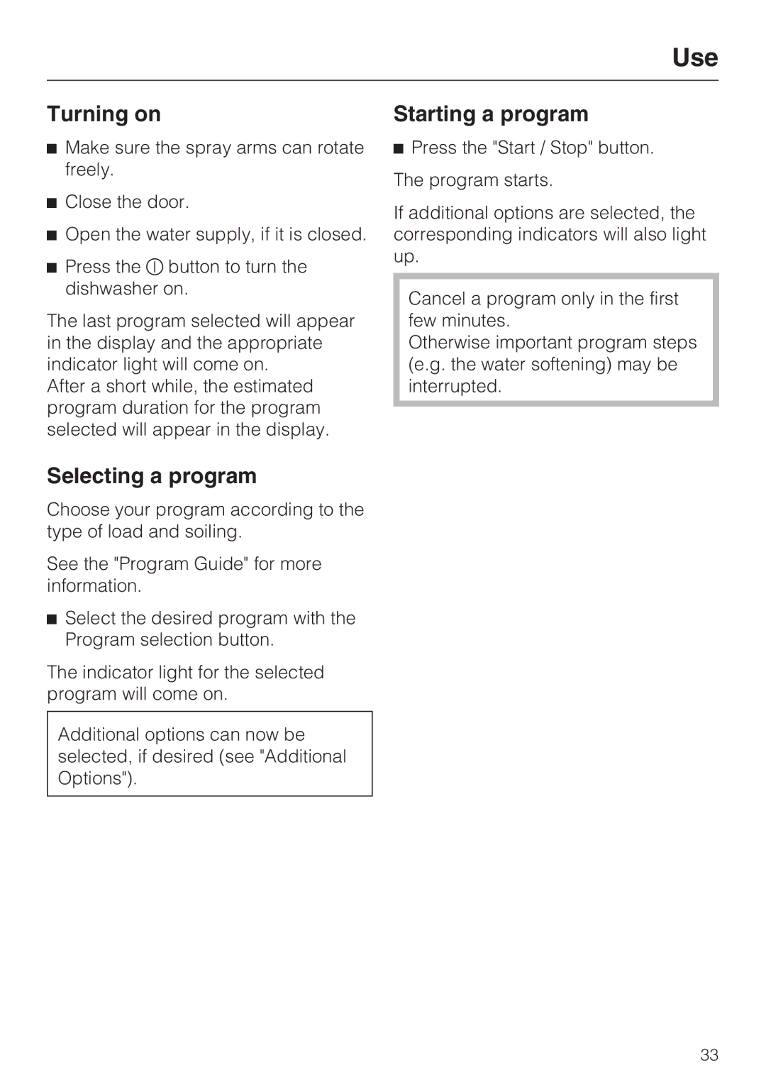 Miele G 5505, G 5510, G 5500, G 5515 manual Turning on, Selecting a program, Starting a program 