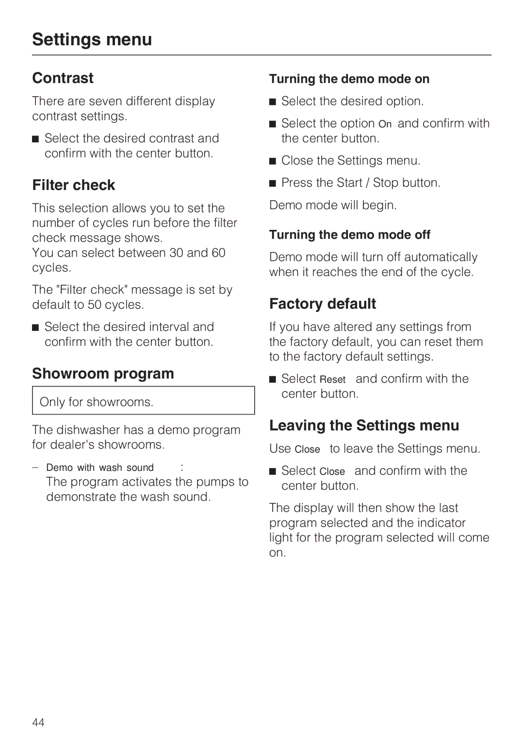 Miele G 5510, G 5505, G 5500, G 5515 Contrast, Filter check, Showroom program, Factory default, Leaving the Settings menu 