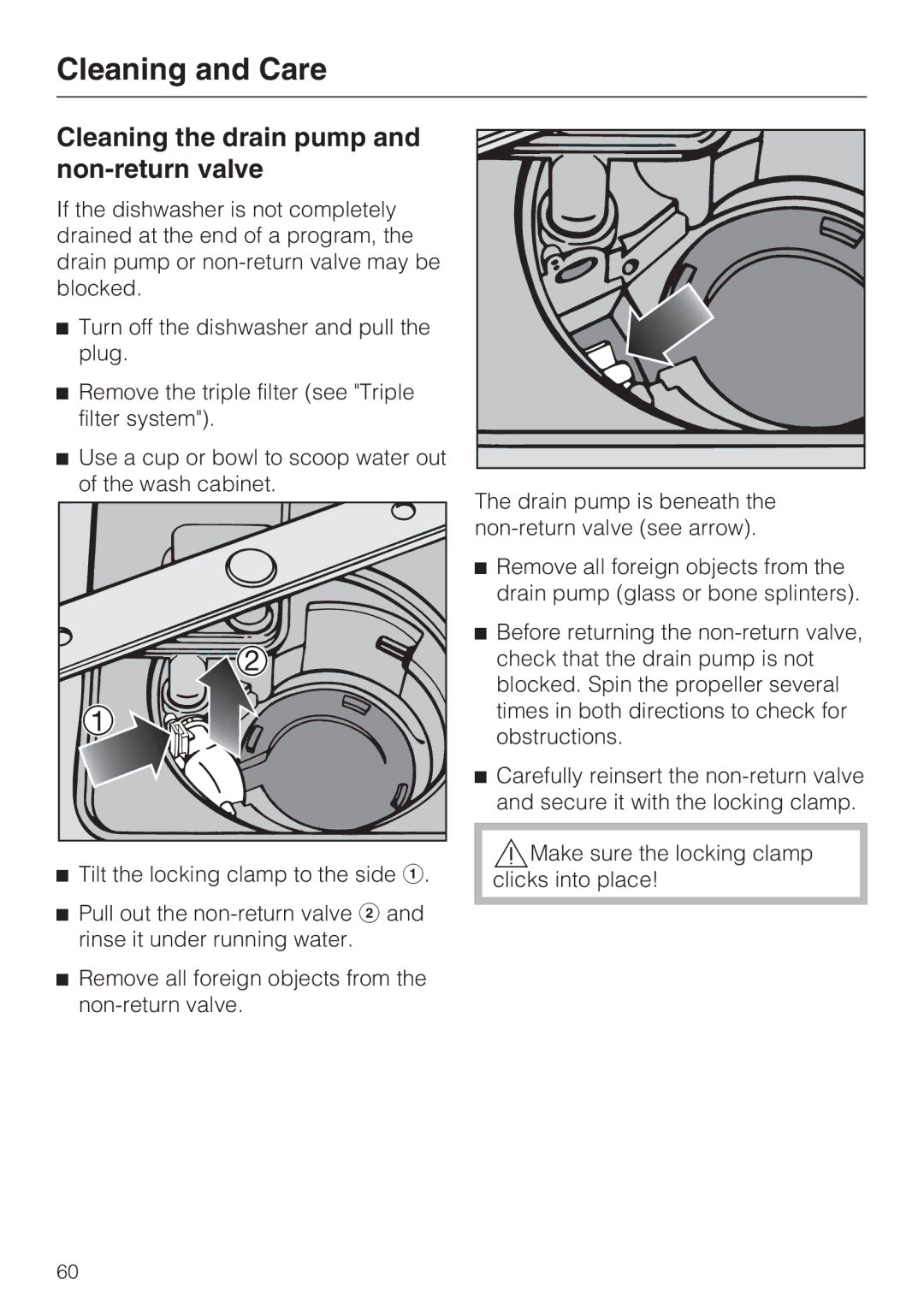 Miele G 5510, G 5505, G 5500, G 5515 manual Cleaning the drain pump and non-return valve 