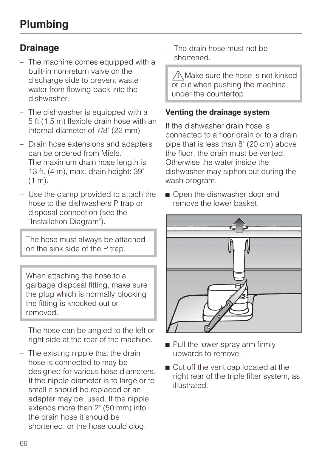 Miele G 5500, G 5510, G 5505, G 5515 manual Drainage, Venting the drainage system 