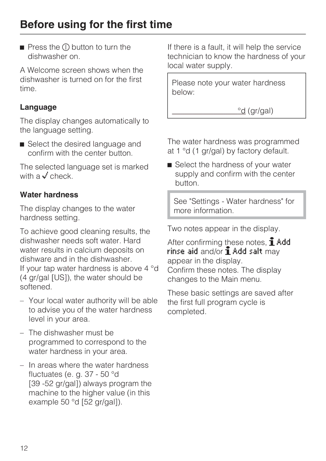 Miele G 5570, G 5575 manual Language, Water hardness 