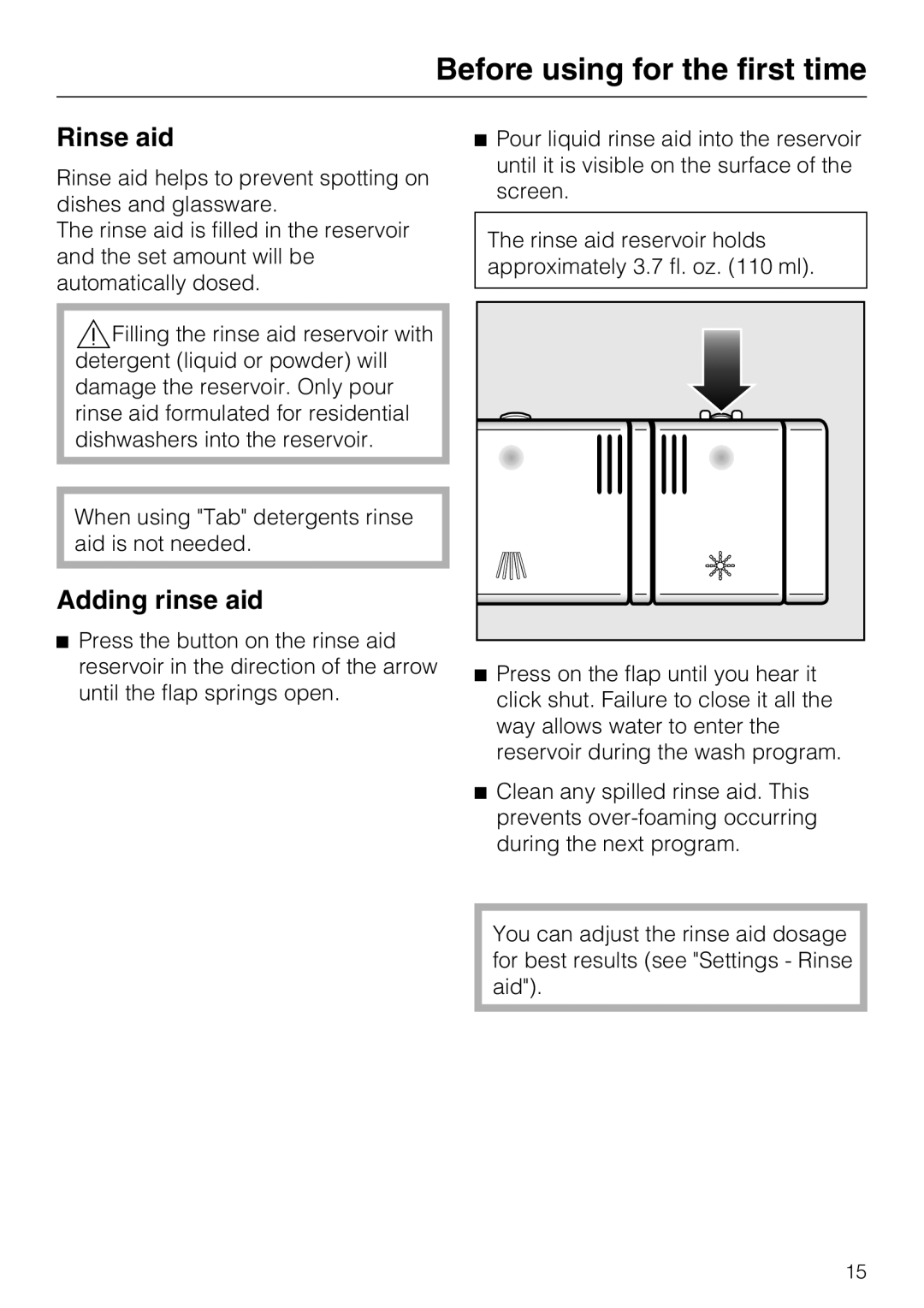 Miele G 5575, G 5570 manual Rinse aid, Adding rinse aid 