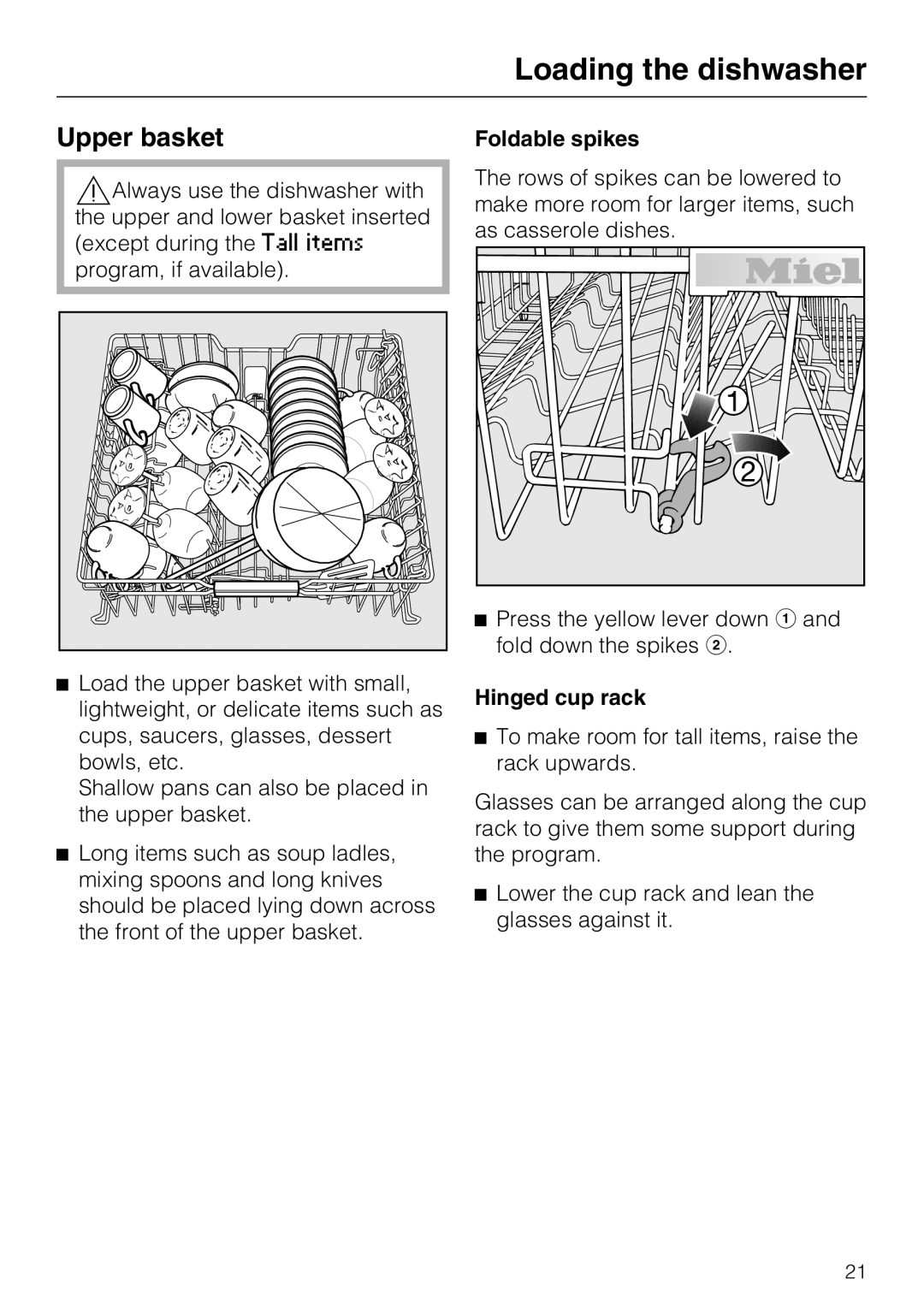 Miele G 5575, G 5570 manual Upper basket, Foldable spikes, Hinged cup rack 
