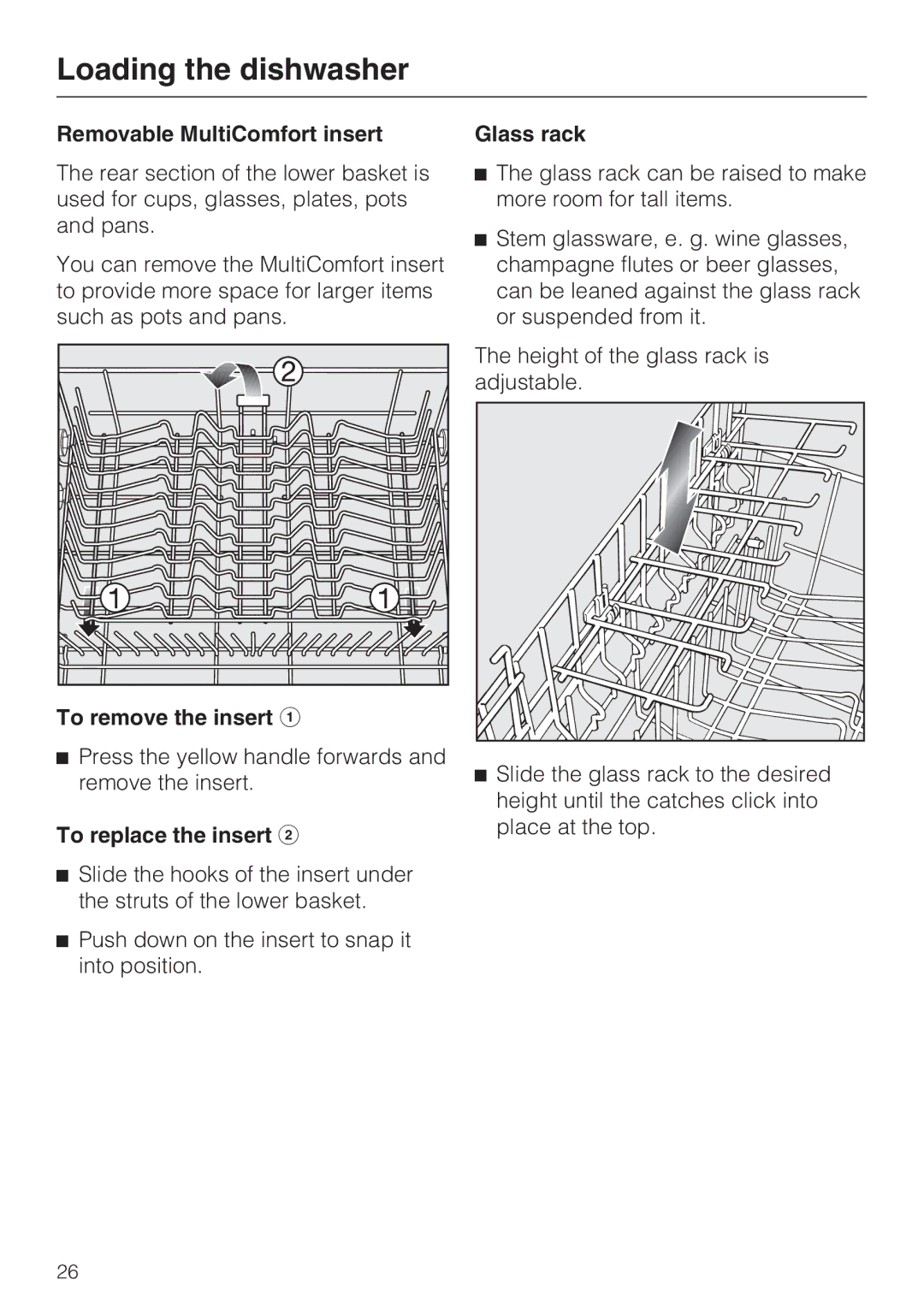 Miele G 5570, G 5575 manual Removable MultiComfort insert, To remove the insert, To replace the insert, Glass rack 