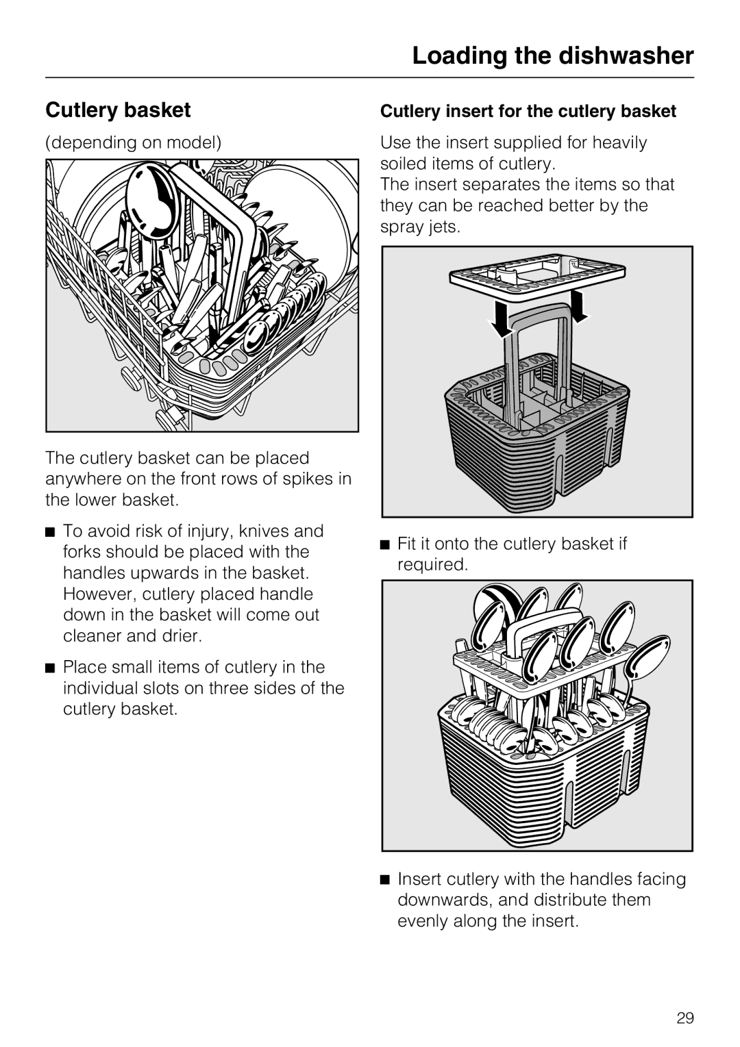 Miele G 5575, G 5570 manual Cutlery basket, Cutlery insert for the cutlery basket 