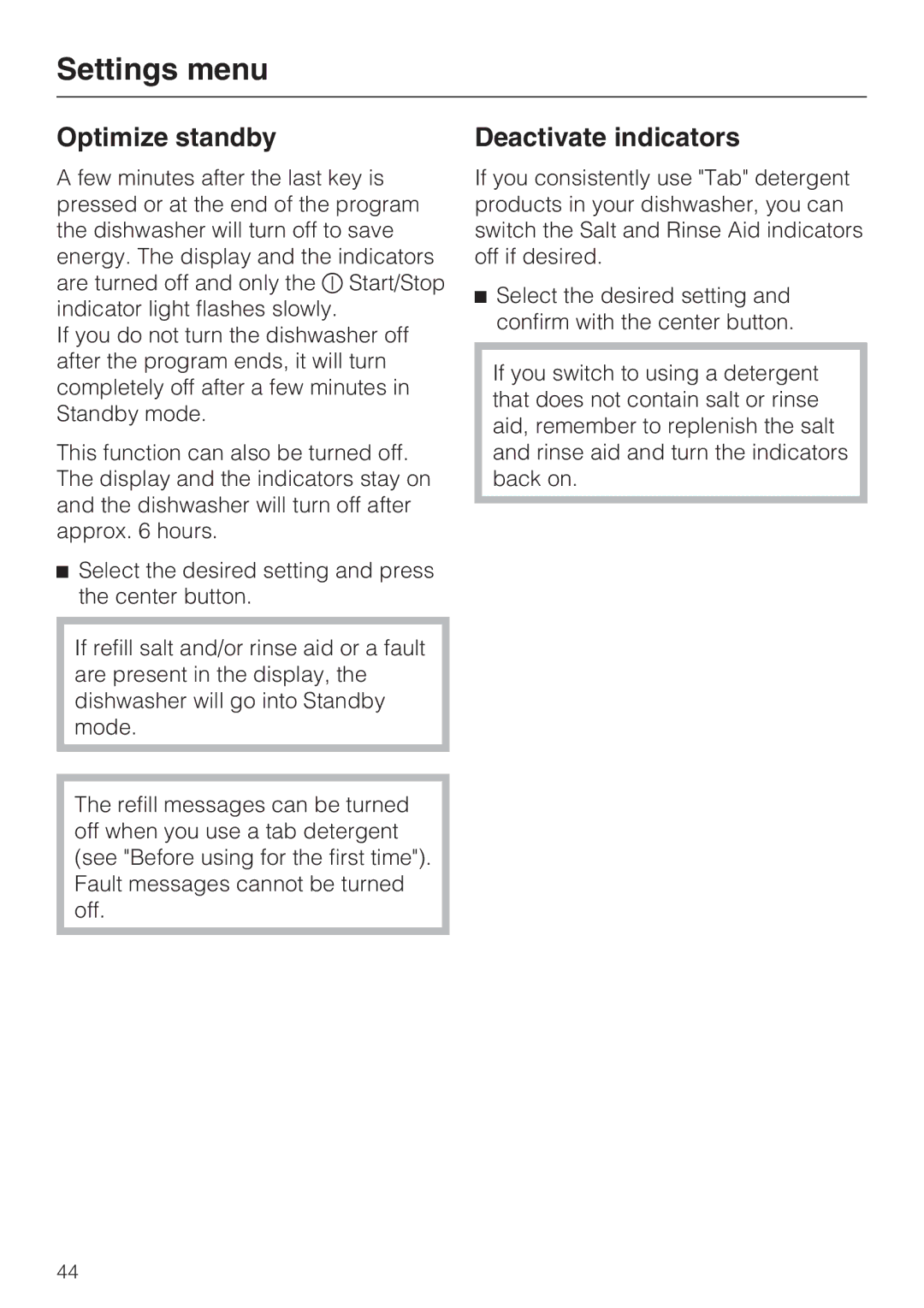 Miele G 5570, G 5575 manual Optimize standby, Deactivate indicators 