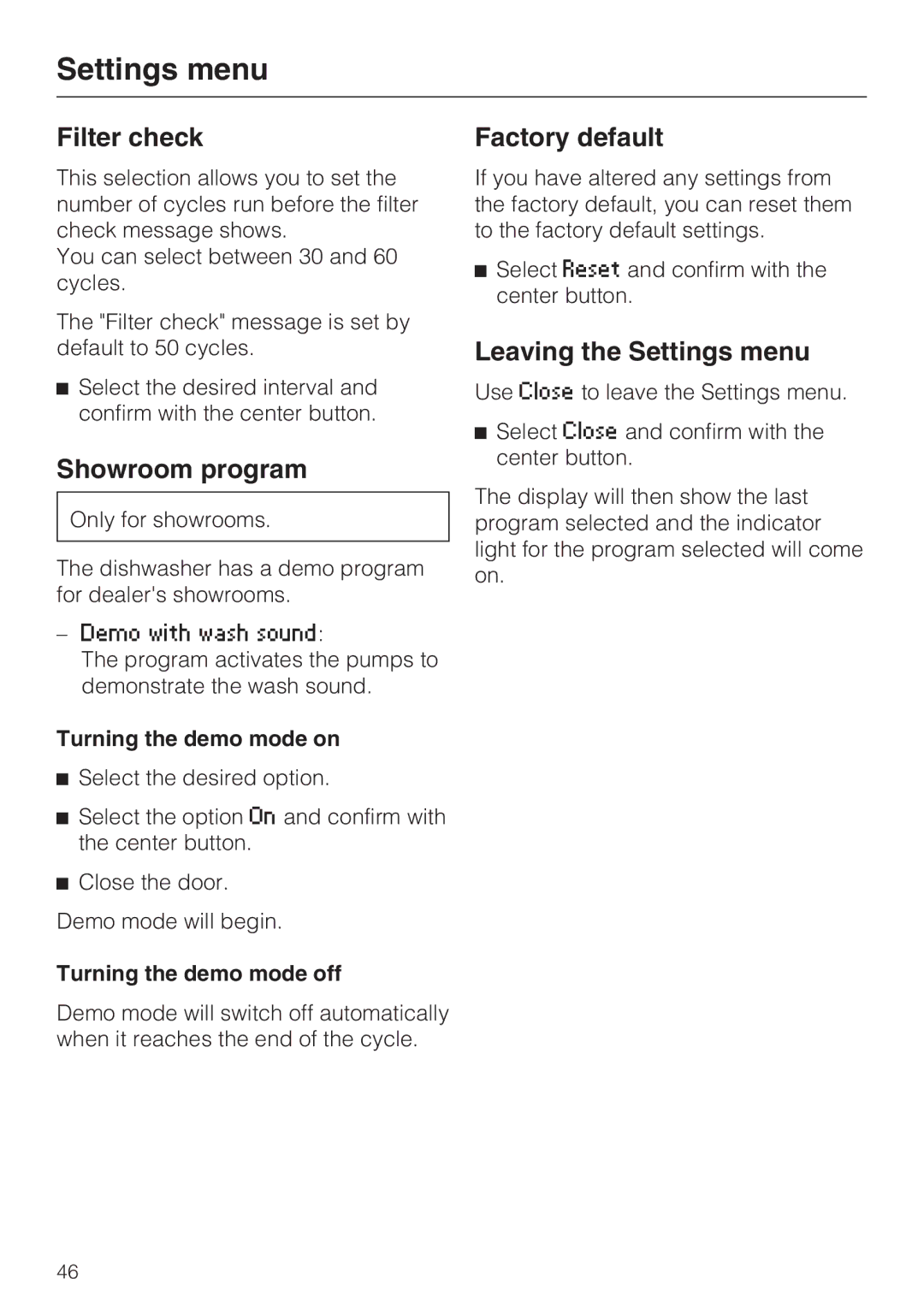 Miele G 5570, G 5575 manual Filter check, Showroom program, Factory default, Leaving the Settings menu 