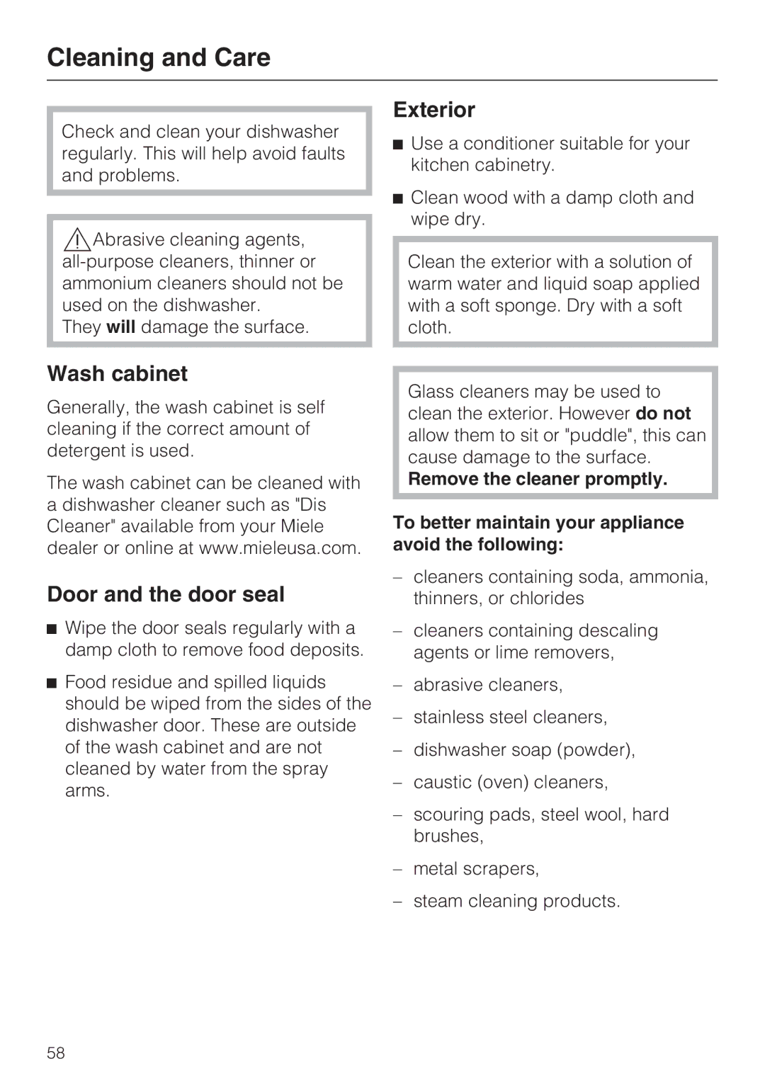 Miele G 5570, G 5575 manual Cleaning and Care, Exterior, Wash cabinet, Door and the door seal 