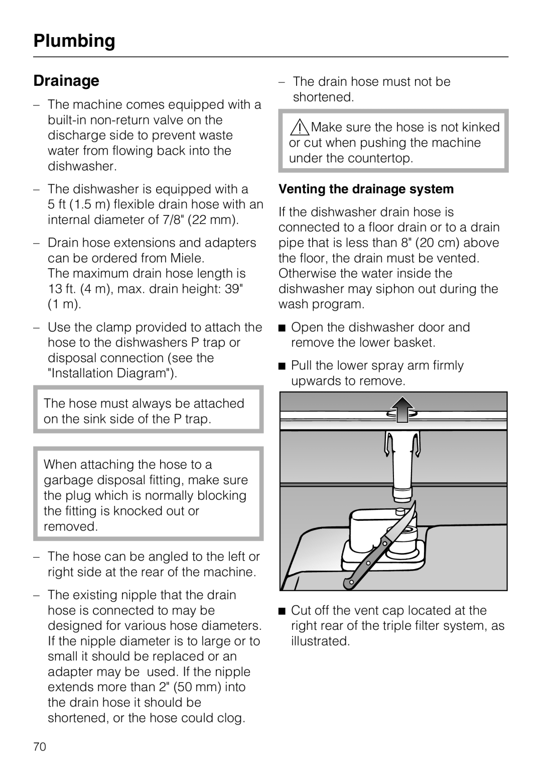 Miele G 5570, G 5575 manual Drainage, Venting the drainage system 