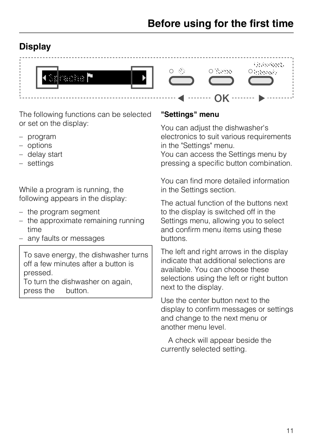 Miele G 5575, G 5570 operating instructions Display, Settings menu 