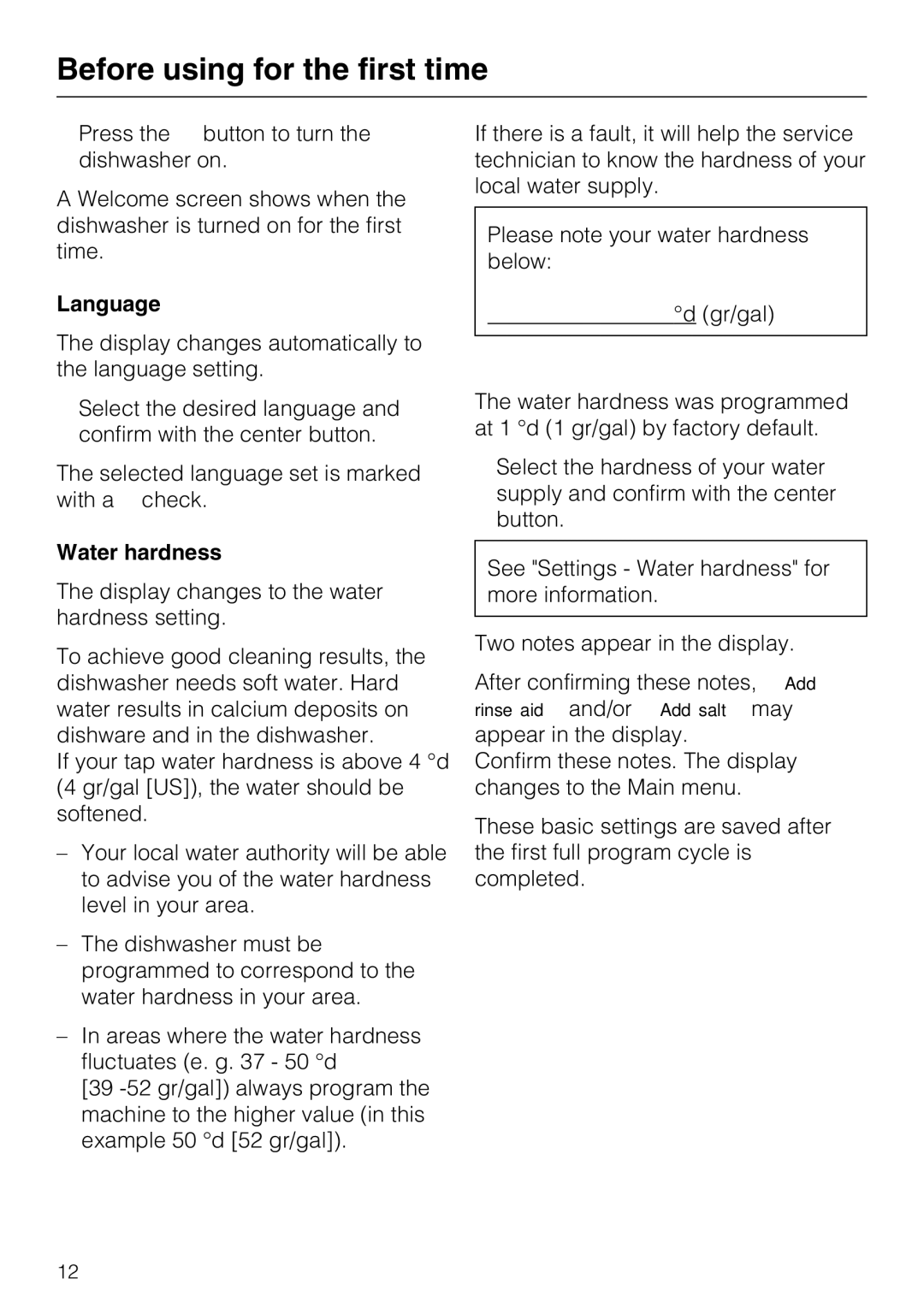 Miele G 5570, G 5575 operating instructions Language, Water hardness 